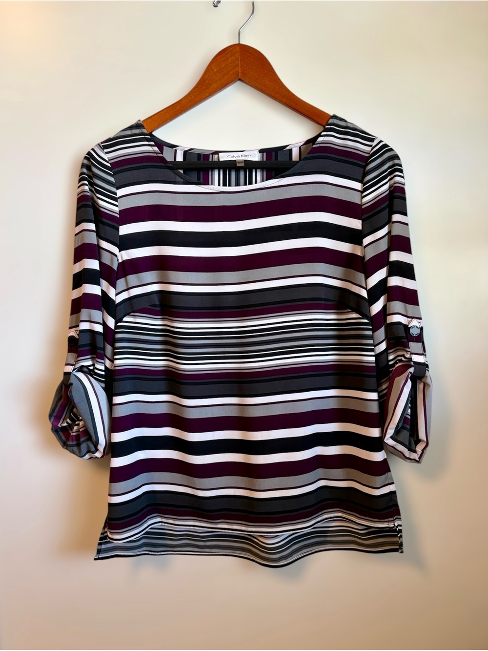 Calvin Klein Roll-Tab 3/4 Sleeve Striped Top Multi-Color Size Small